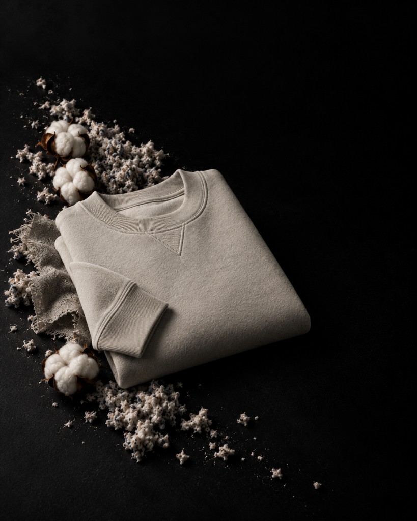 Folded oatmeal crew surrounded by raw cotton