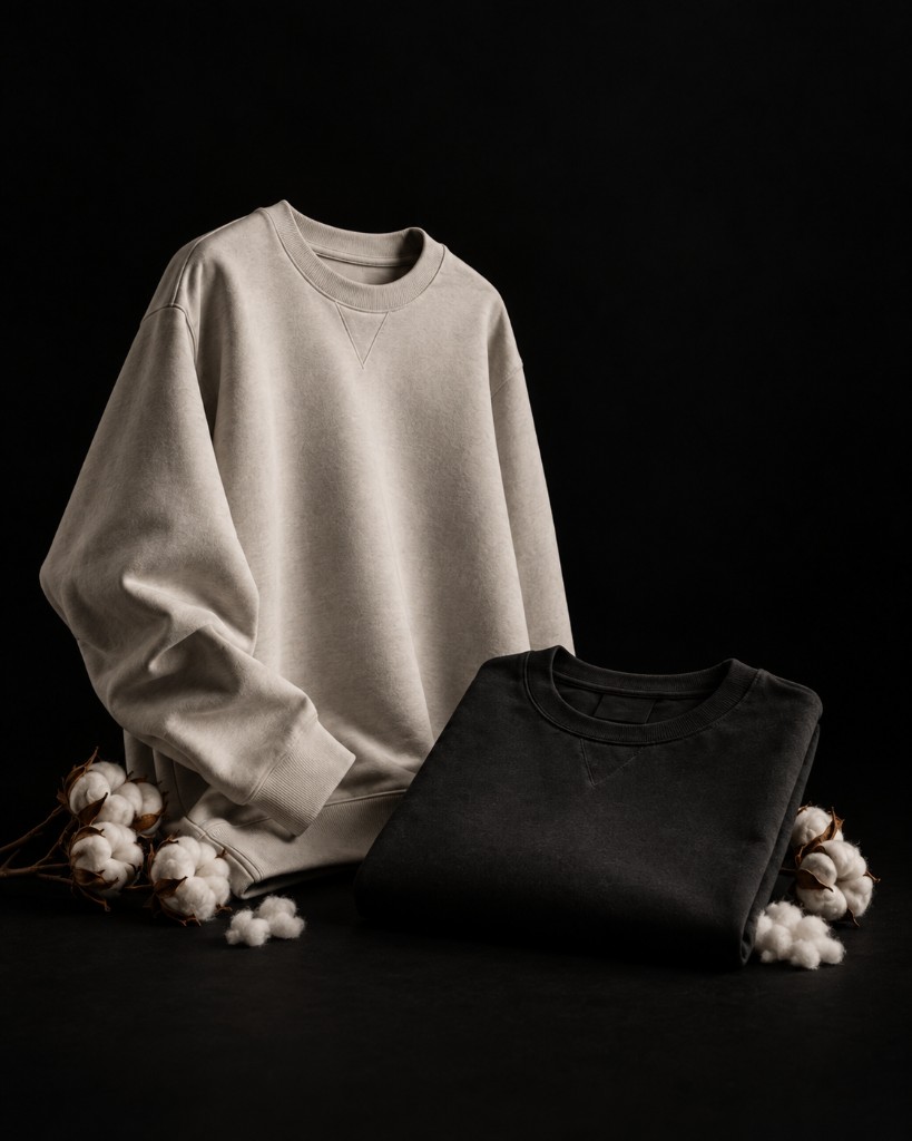 Oatmeal crew standing with a folded charcoal crew and raw cotton