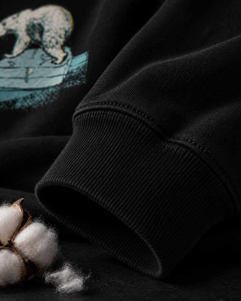 Raw cotton beside a black crew cuff and bear print