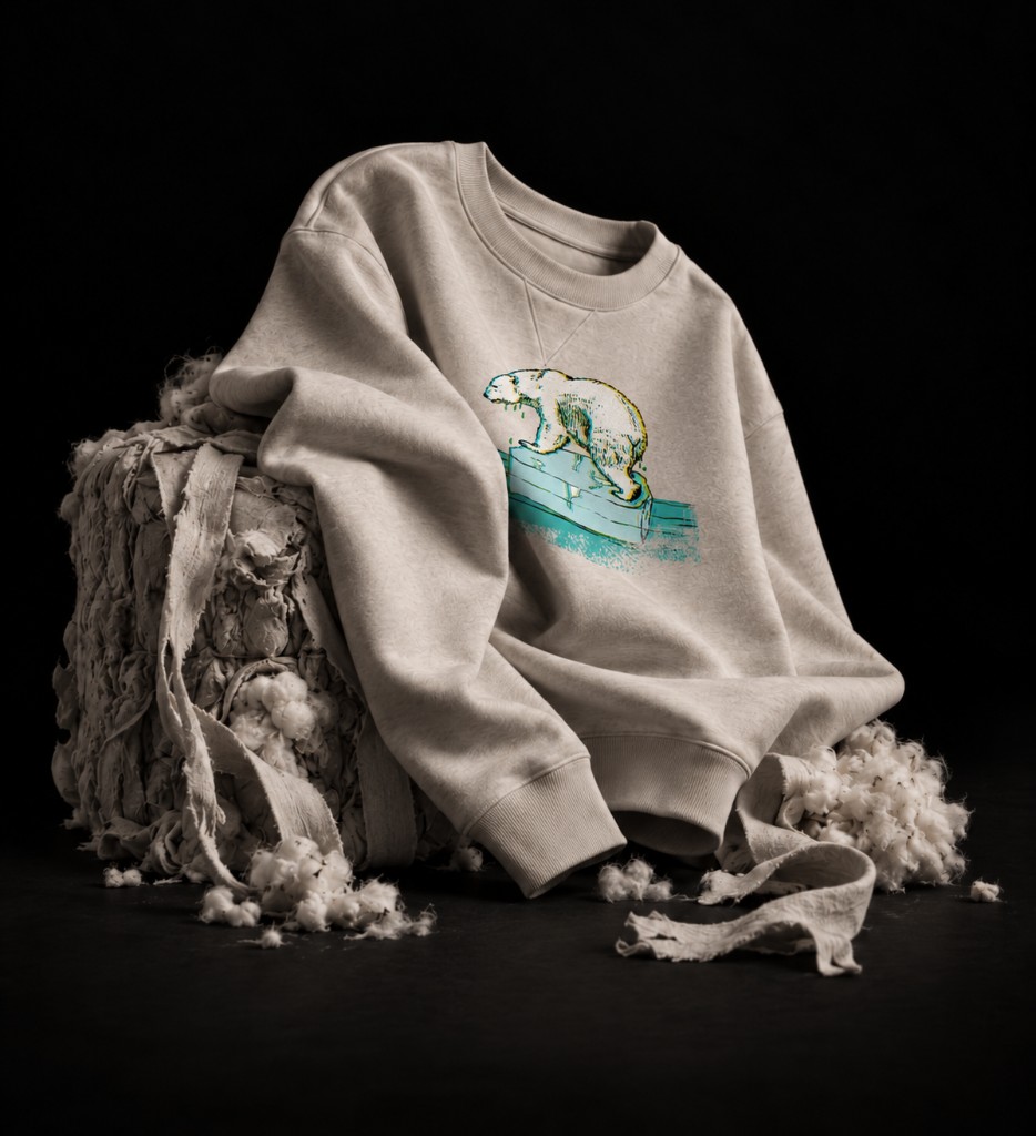 Ivory crew with polar bear print on recycled cotton waste and raw cotton