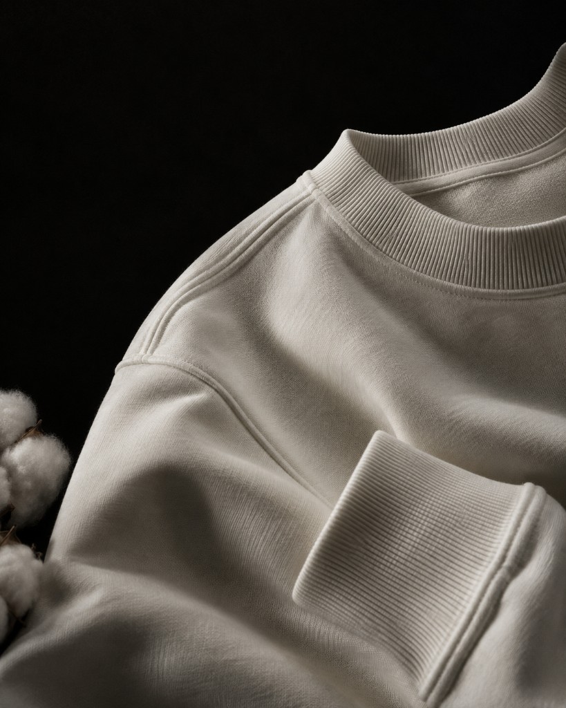Ivory crew collar, shoulder, and ribbed cuff with raw cotton