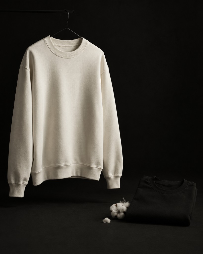 Ivory crew hanging above a folded black crew and raw cotton